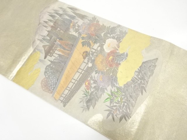 十四代　大文字屋　桐彩玉虫箔　寺院風景模様　袋帯
